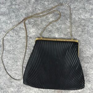 Vintage Regale Satin Black Pleated Evening‎ Bag Gold Mini Rhinestone Kiss Clasp